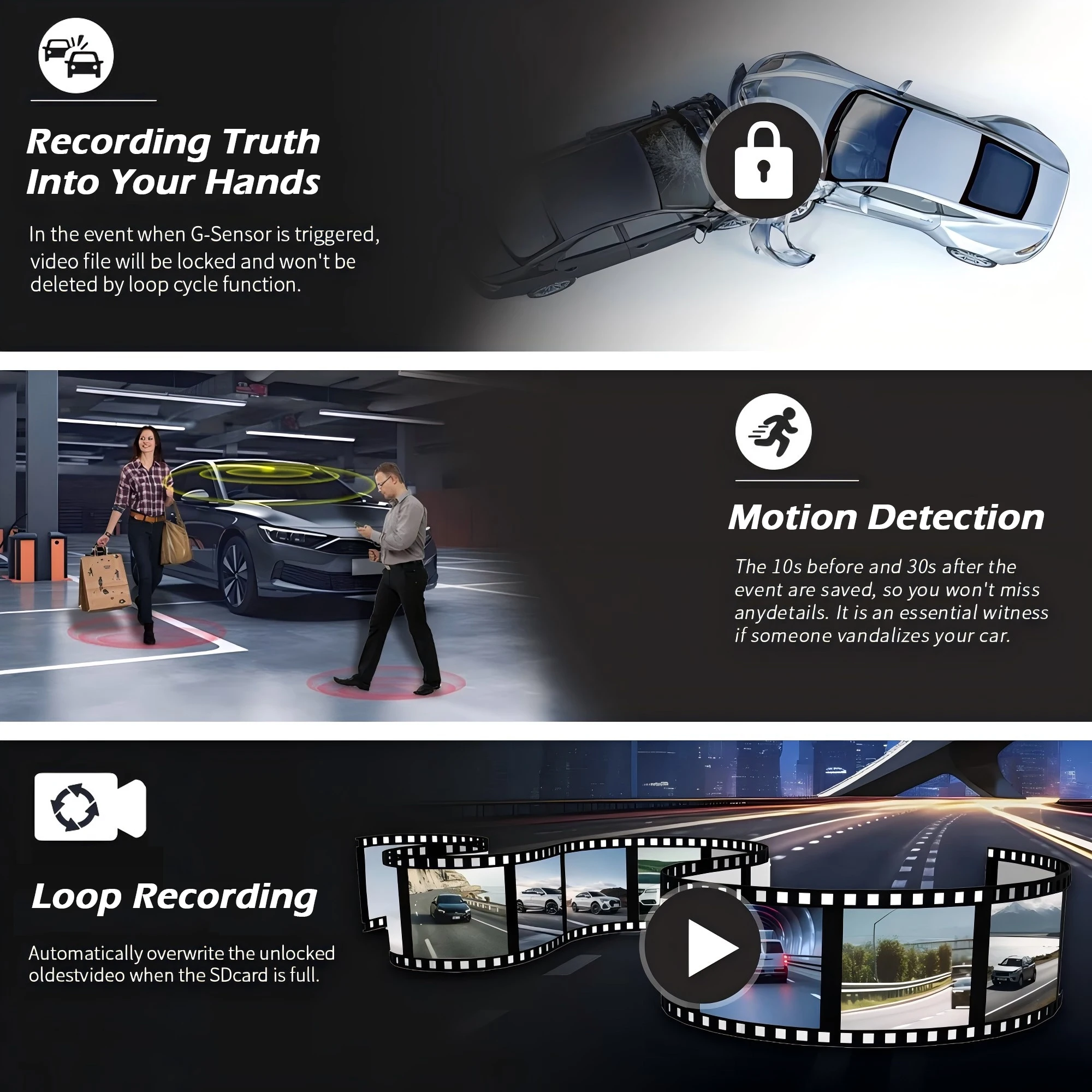 3 Channel Dash Cam 3" IPS Screen 1080P Driving Recorder G-sensor HD Night Vision Wide-angle Car DVR Accessories - Image 6