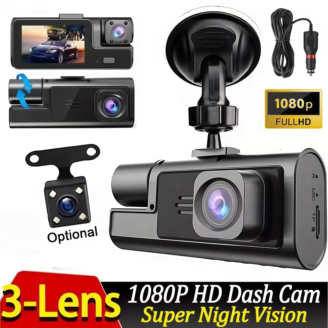 3 Channel Dash Cam 3" IPS Screen 1080P Driving Recorder G-sensor HD Night Vision Wide-angle Car DVR Accessories