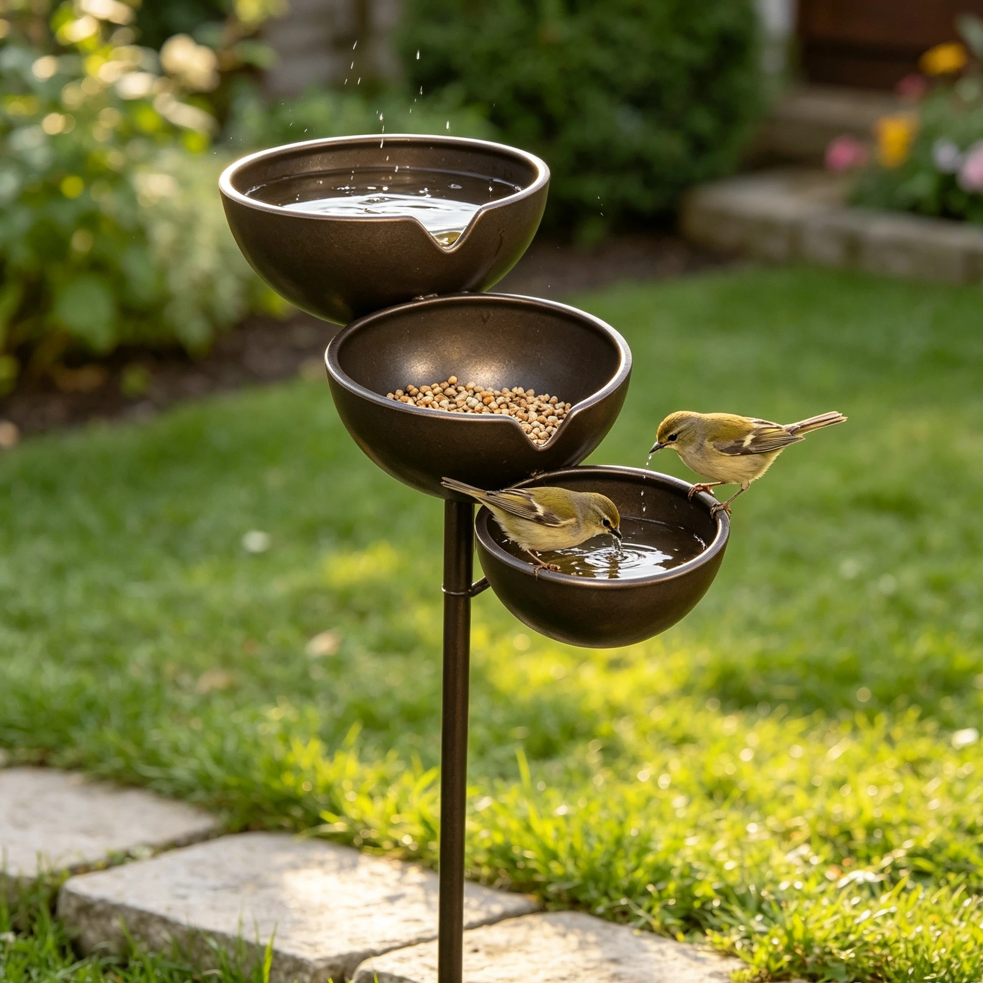 3-Layer Standing Birdbath with Rain Collector Metal Pole Hanging Water Feeder Bowl for Wild Birds Backyard Garden Statue Decor - Image 2