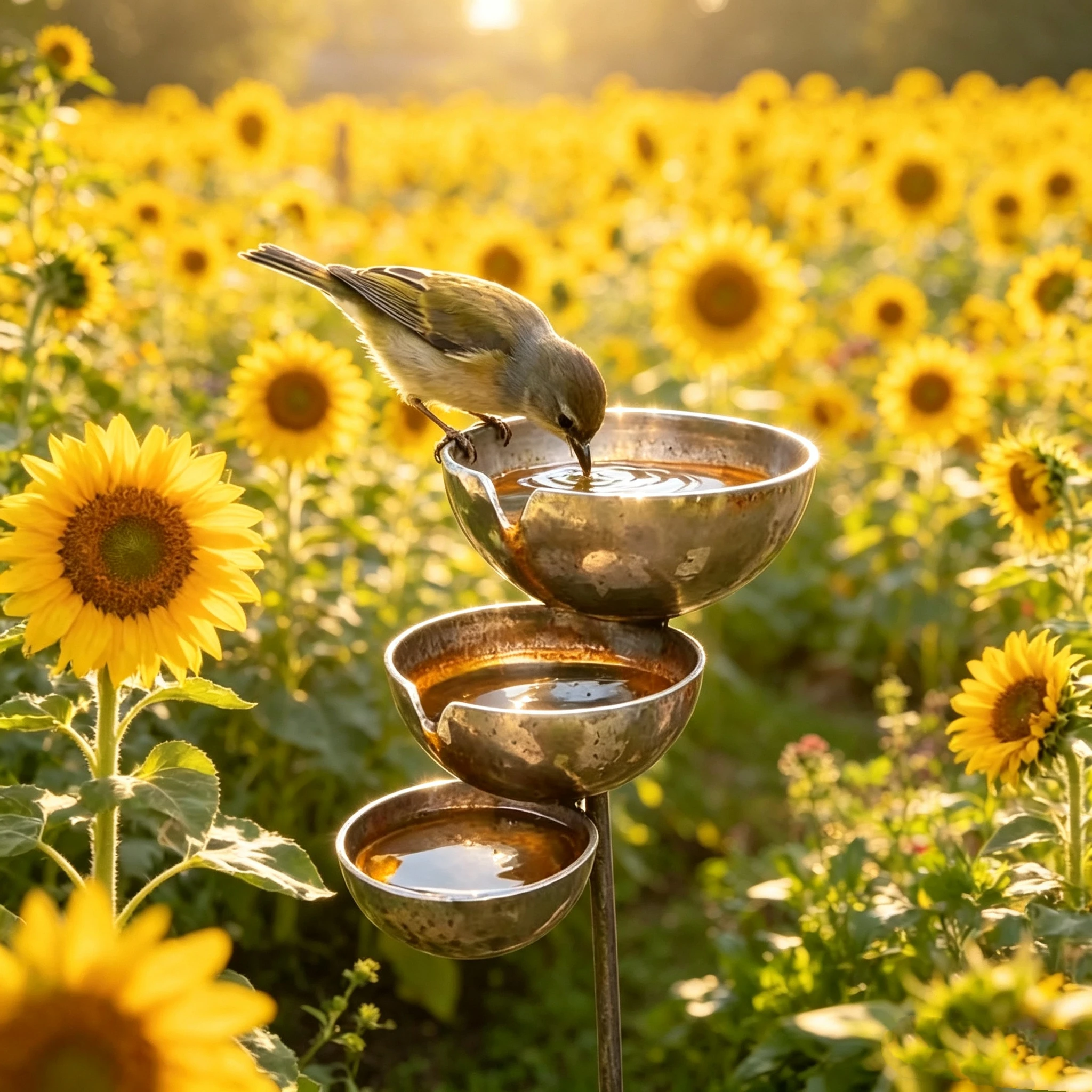 3-Layer Standing Birdbath with Rain Collector Metal Pole Hanging Water Feeder Bowl for Wild Birds Backyard Garden Statue Decor - Image 3