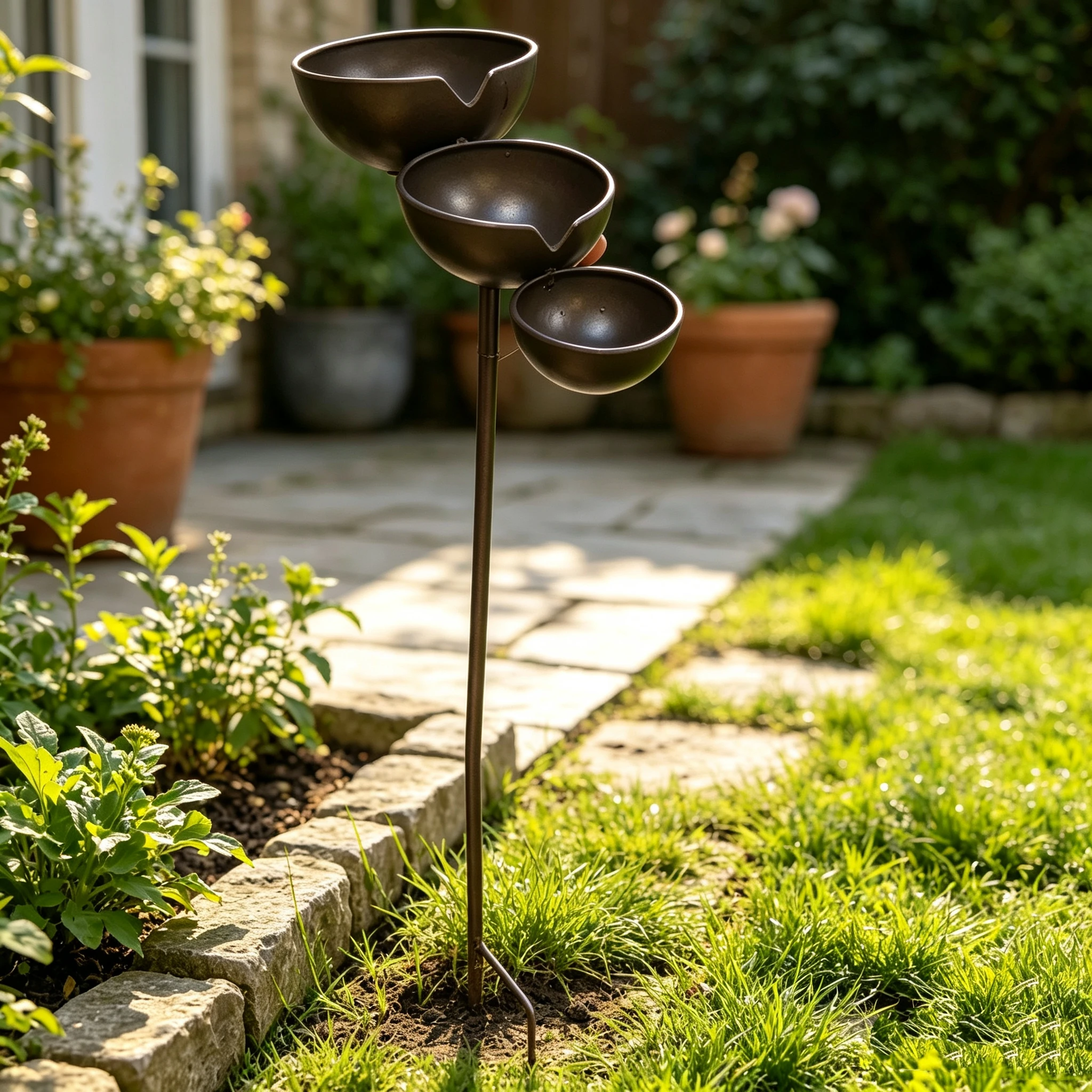 3-Layer Standing Birdbath with Rain Collector Metal Pole Hanging Water Feeder Bowl for Wild Birds Backyard Garden Statue Decor - Image 5