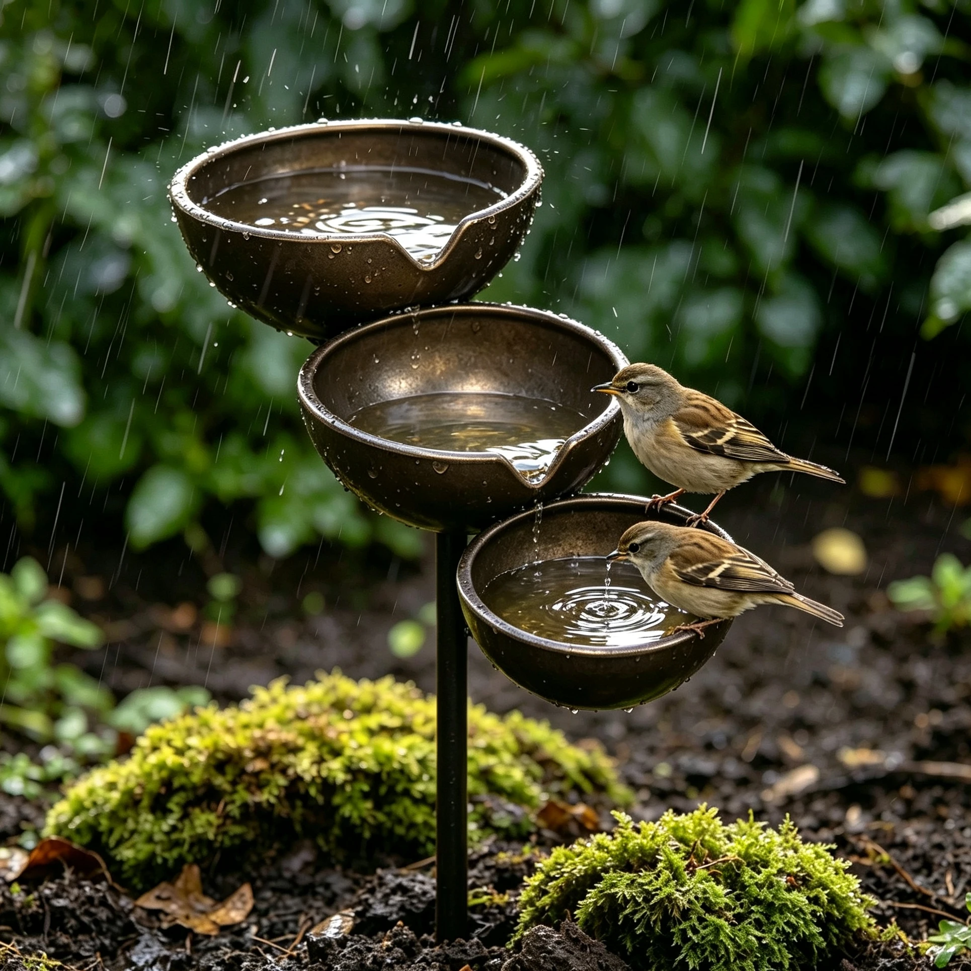 3-Layer Standing Birdbath with Rain Collector Metal Pole Hanging Water Feeder Bowl for Wild Birds Backyard Garden Statue Decor