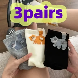3 Pairs Cute Cat Face Socks - Soft Funny Animal Novelty Socks with Tabby, Multi-Color (Grey/White/Black) for Women & Men