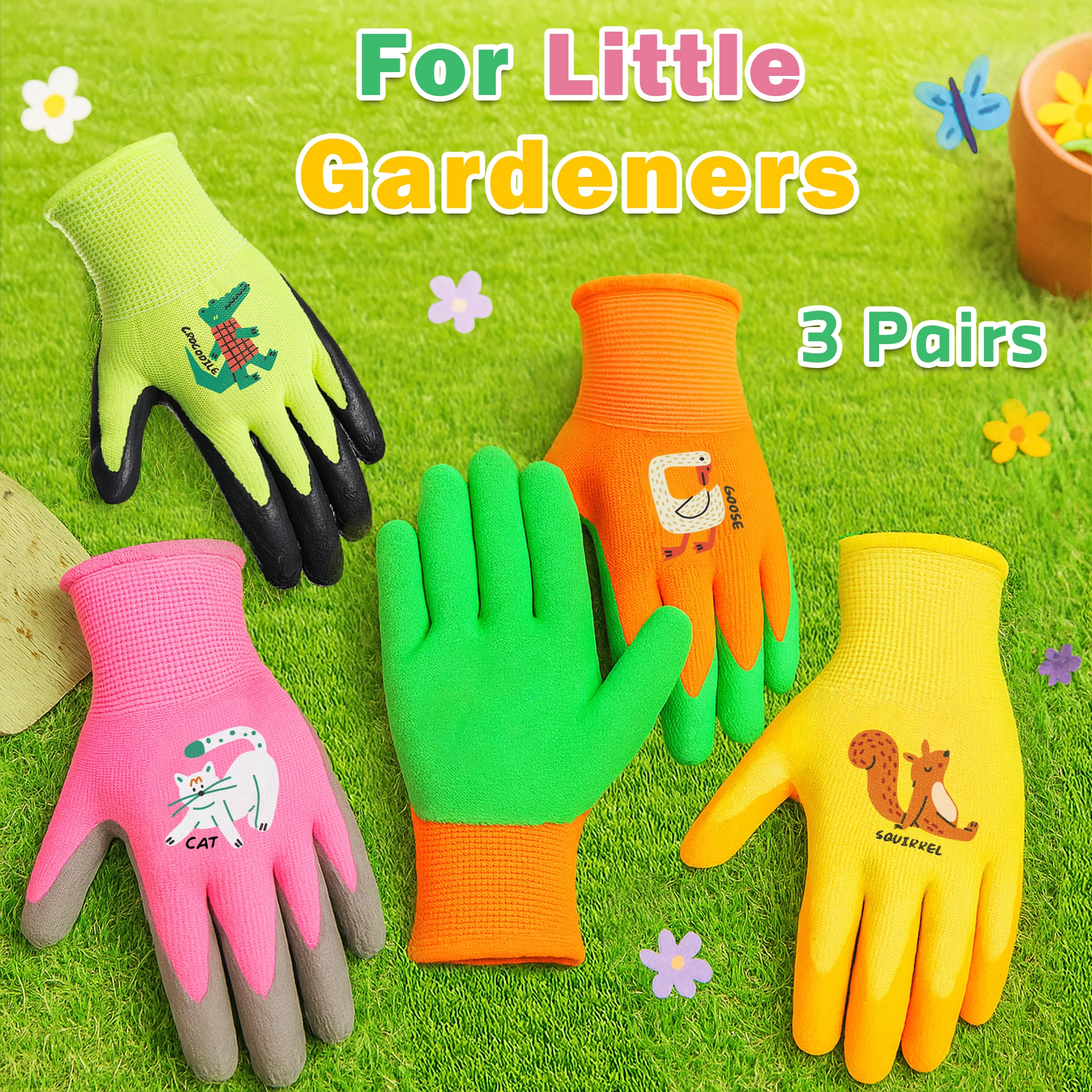 3 Pairs Kids' Gloves Latex Gloves in Various Colors and Cute Patterns for Outdoor Gardening Activities