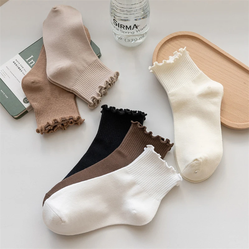 3 Pairs/Lot Cute Socks For Women New Japanese Style Breathable Girls Short Socks Kawaii Solid Socks Frilly Ruffle Socks Casual - Image 4
