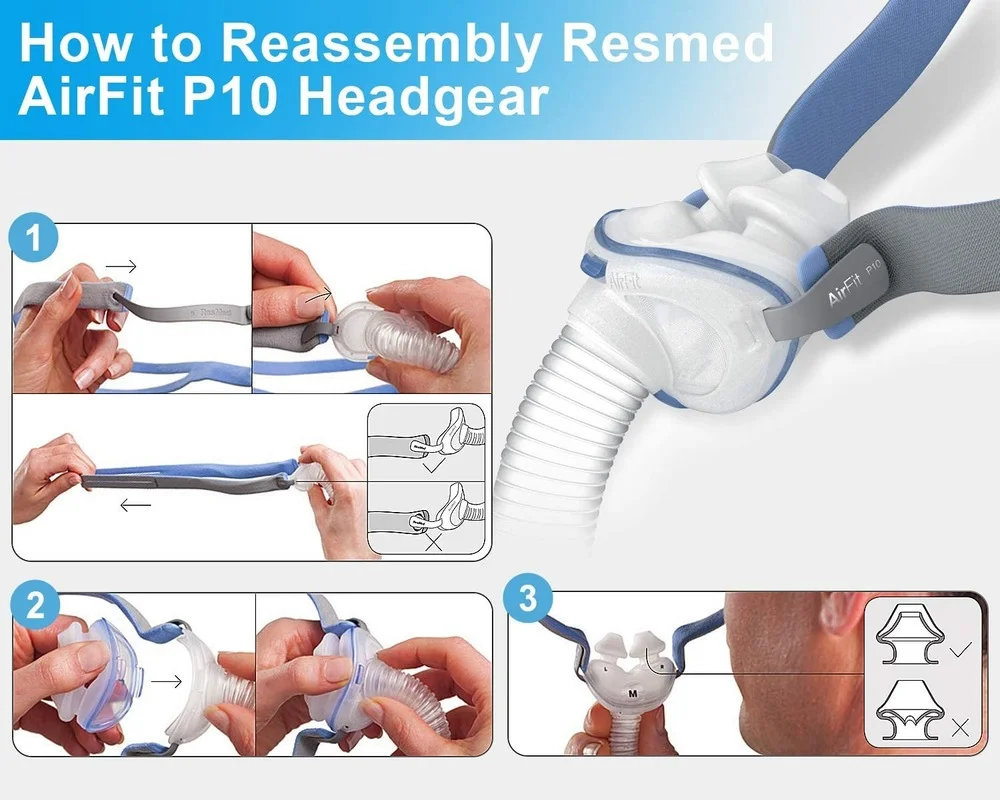 3 Replacement Headgear for Resmed Airfit P10 Nasal Pillow CPAP Mask Straps Included 3 Straps and 6 Adjustment Clips - Image 2