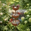 3-Tier Bowl Metal Bird Bath Rusted Decorative Bird Water Dispenser Garden Stake Vintage Iron Birdbath Stand Patio Backyard