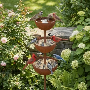 3-Tier Bowl Metal Bird Bath Rusted Decorative Bird Water Dispenser Garden Stake Vintage Iron Birdbath Stand Patio Backyard
