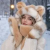 3-in-1 Design Hat Scarf Gloves Set Faux Fur Windproof Warm Lining Winter Hat Scarf Mitten Set Fluffy Soft Thick