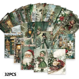 32pcs, green retro nostalgic Christmas postcards, birthday/anniversary gifts, collectible, giftable, and mailable