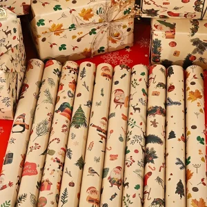 3/5pcs Vintage Kraft Christmas Wrapping Paper Rolls, Xmas Gift Wrap with Santa Reindeer Pattern for Holiday Gift Box Packaging
