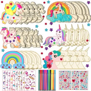 386Pcs Unicorn Wood Craft Set with 18Pcs Unicorn Wood, 354 Rhinestones, 12 Colored Pencils, 2 Stickers, Boys/Girls DIY Crafts