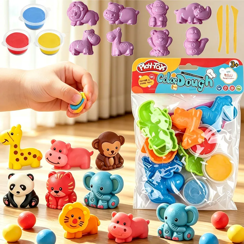 3D Animal Clay Set with Mold Children DIY Creativity Play Dough Set Safe Non-toxic Cartoon Molding Dough Accessories Kit for Kid