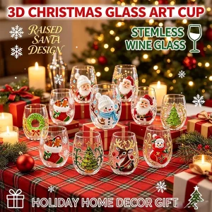 3D Christmas Glass Art Cup Holiday Drinking Glassware Collection Raised Santa Claus Stemless Wine Glass Cup Home Decor Gift