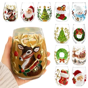 3D Embossed Christmas Glass Art Cup Santa Claus Reindeer Holiday Drinkware Festive Winter Seasonal Gift