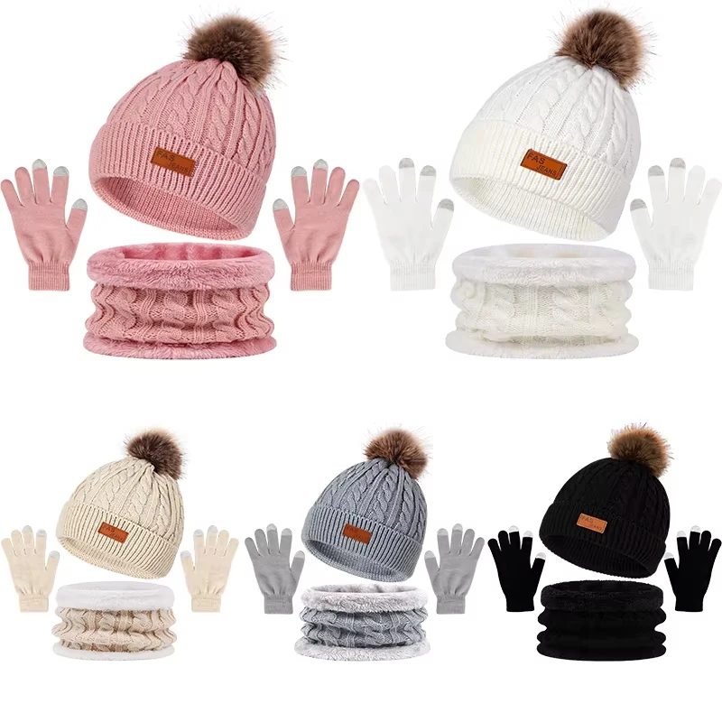 3Pcs/Set Women Winter Hat Scarf Gloves Faux Fur Ball Teenager Girls Knitted Beanie Neck Warmer Suit Warm Ears Woman Cap Set - Image 3
