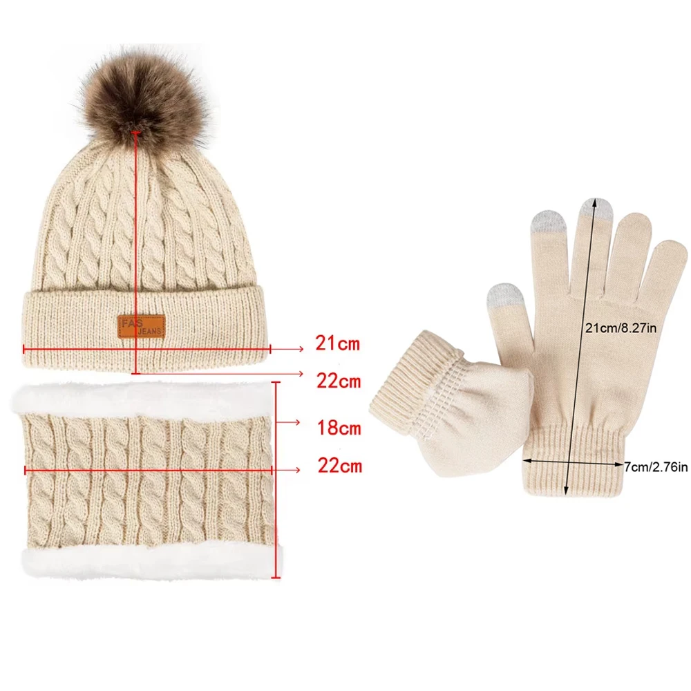 3Pcs/Set Women Winter Hat Scarf Gloves Faux Fur Ball Teenager Girls Knitted Beanie Neck Warmer Suit Warm Ears Woman Cap Set - Image 5