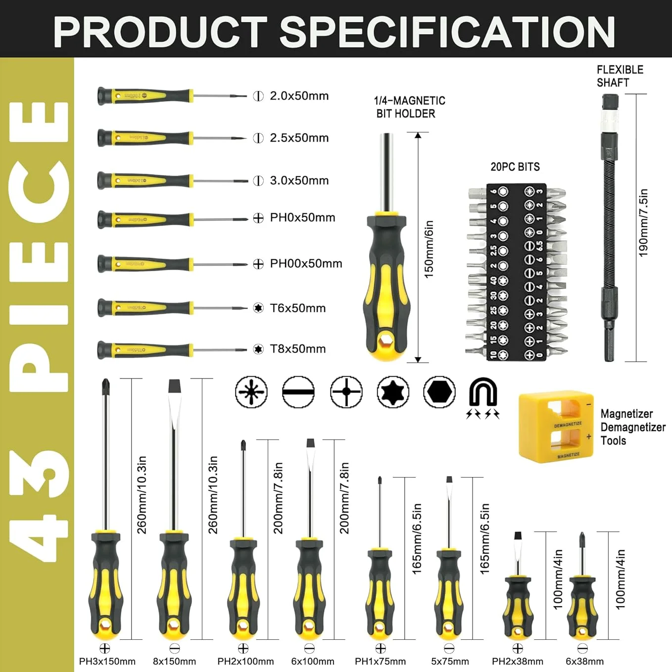 43pcs Magnetic Screwdrivers Set with Case Heavy Duty Chrome Vanadium Steel Magnetic Tips Screwdriver Hand Tools - Image 2