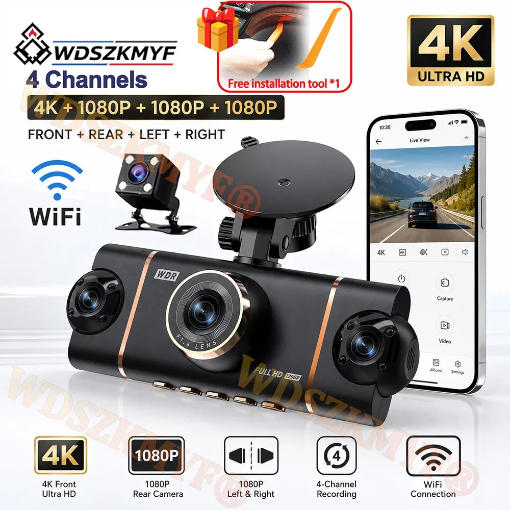 4K 1080P 4CH Car DVR 360° Car Dash Cam WIFI APP Video Recorder Front Left Right With Rear View Night Vision 4K Black Box