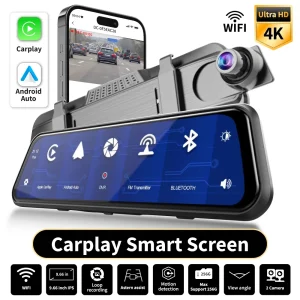 4K UHD Dual Dash Cam with Carplay 9.66"Touch Screen Voice Control & Night Vision - Front & Rear Cameras 150° Wide Angle