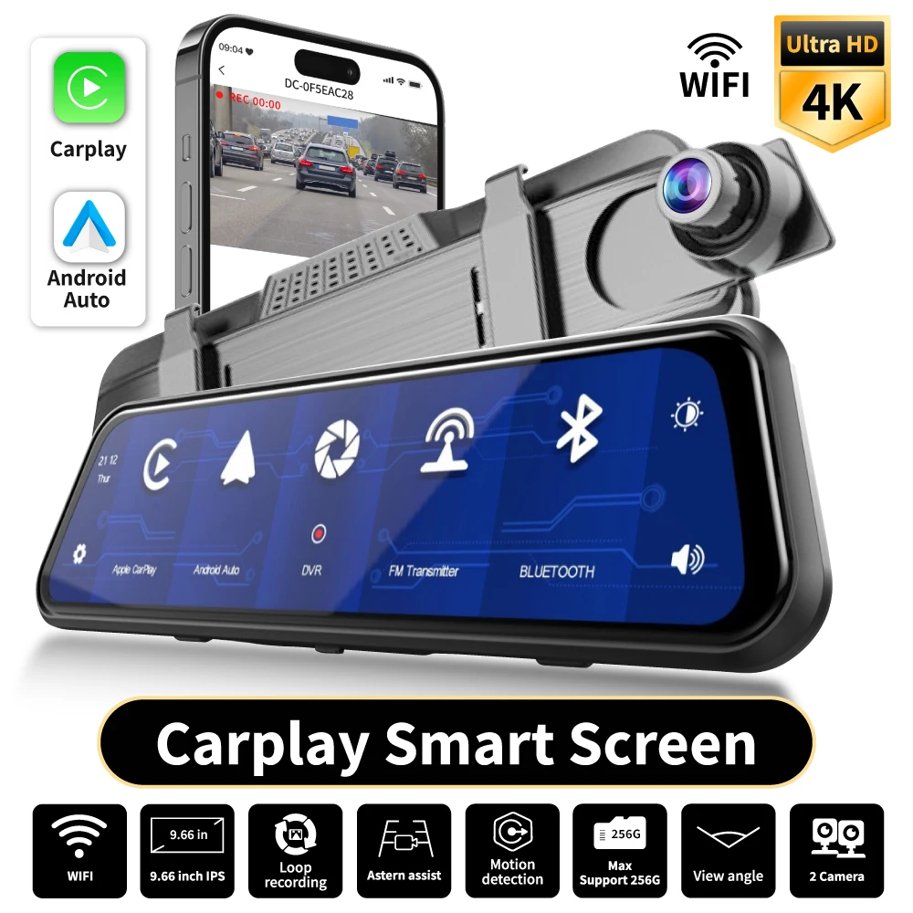 4K UHD Dual Dash Cam with Carplay 9.66"Touch Screen Voice Control & Night Vision - Front & Rear Cameras 150° Wide Angle