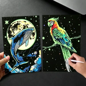 4PCS Glow in Dark Scratch Art Paper with Stylus Animals Cards Magic Painting Stress Relief Drawing Toy DIY Decor Kids Adult Gift