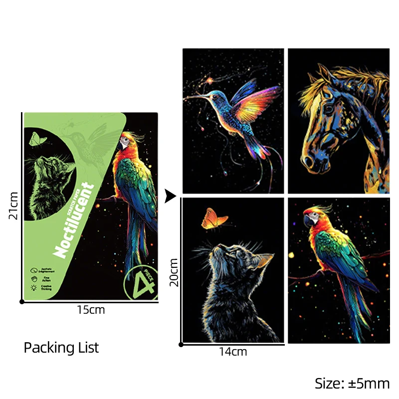 4PCS Glow in Dark Scratch Art Paper with Stylus Animals Cards Magic Painting Stress Relief Drawing Toy DIY Decor Kids Adult Gift - Image 6