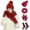 4Pcs/Set Women Winter Hat Scarf Gloves Faux Fur Ball Teenager Girls Knitted Beanie Neck Warmer Suit Warm Ears Woman Cap Set