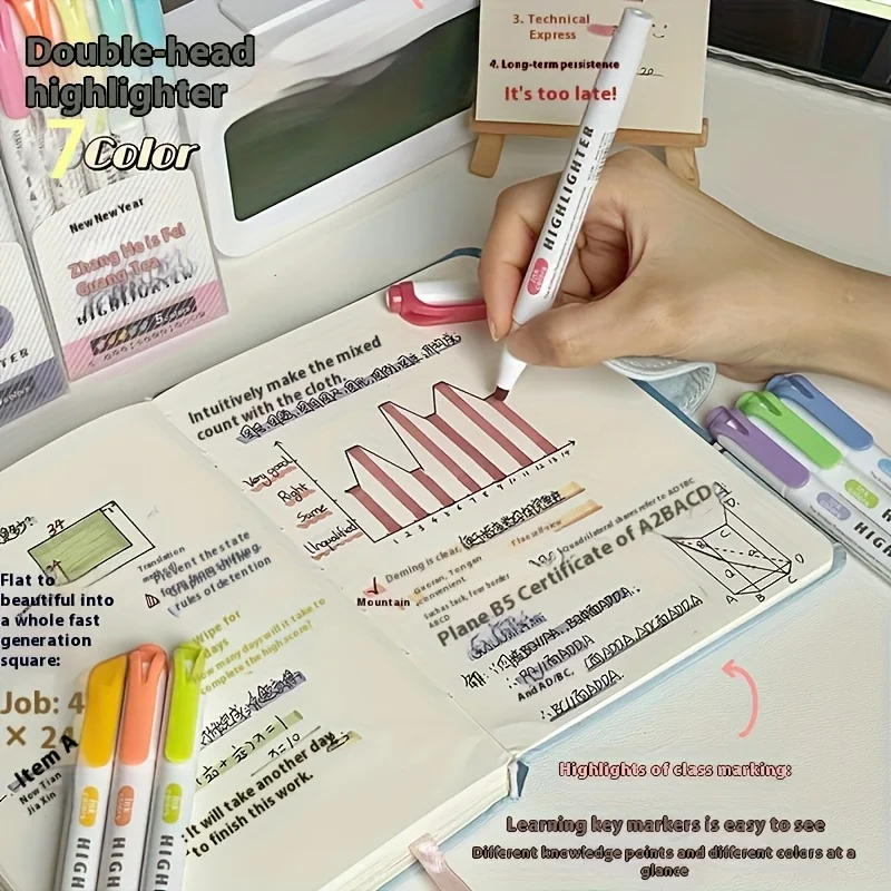 5 Colors Double Headed Highlighter Pen Set Fluorescent Drawing Markers Highlighters Pens Art Japanese Cute Pastel Stationery - Image 3