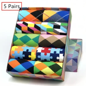 5 Pairs Novelty Men's Cotton Colorful Pattern Funny Fashion Happy Crew Dress Socks