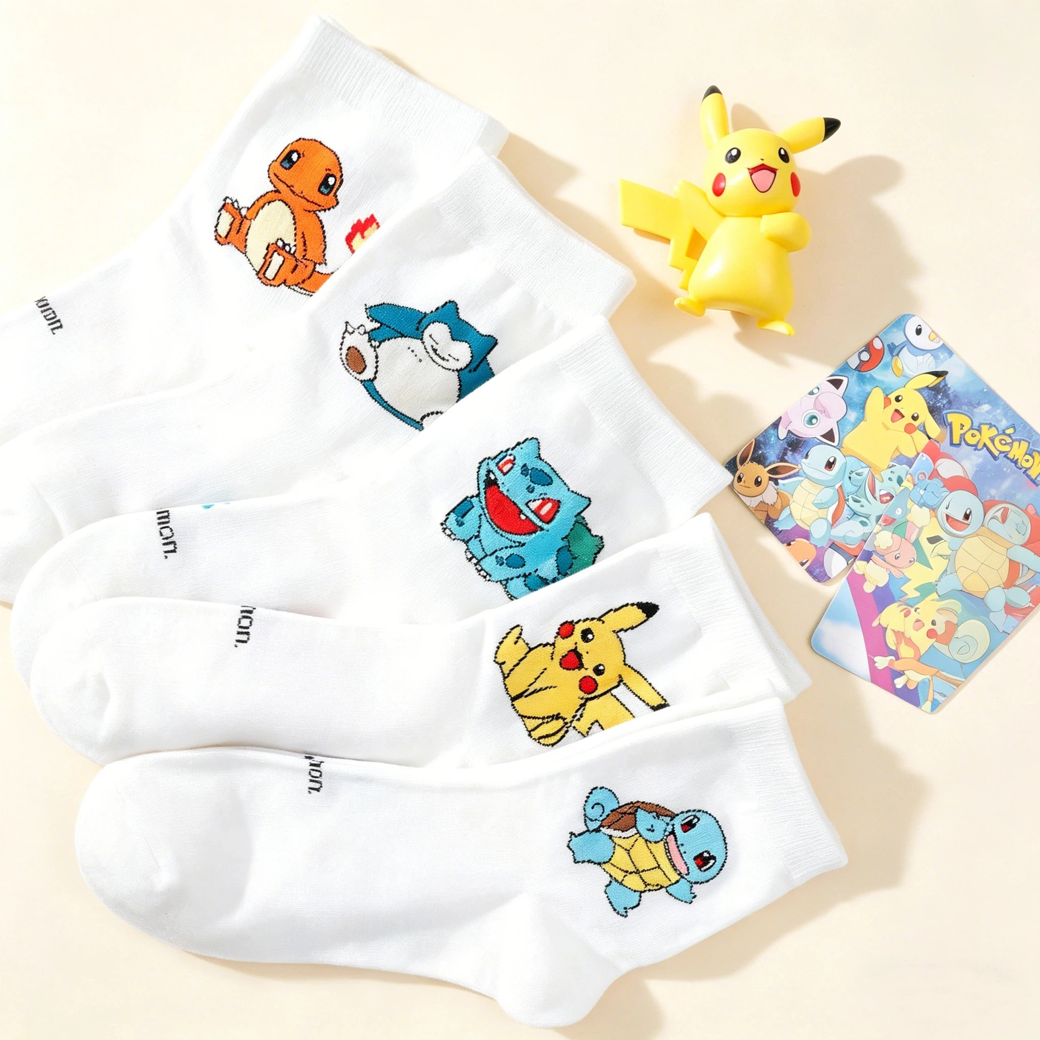 5 Pairs of Novel Cartoon Pok é Mon Cotton Graffiti Women's Mid Tube Socks College Style Personalized Student White Casual Socks
