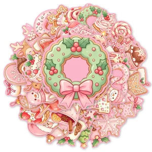 50 Pcs Pink Christmas Theme Stickers Cute Dessert Gingerbread Waterproof Vinyl Decals for Journal Phone Case Laptop Gift