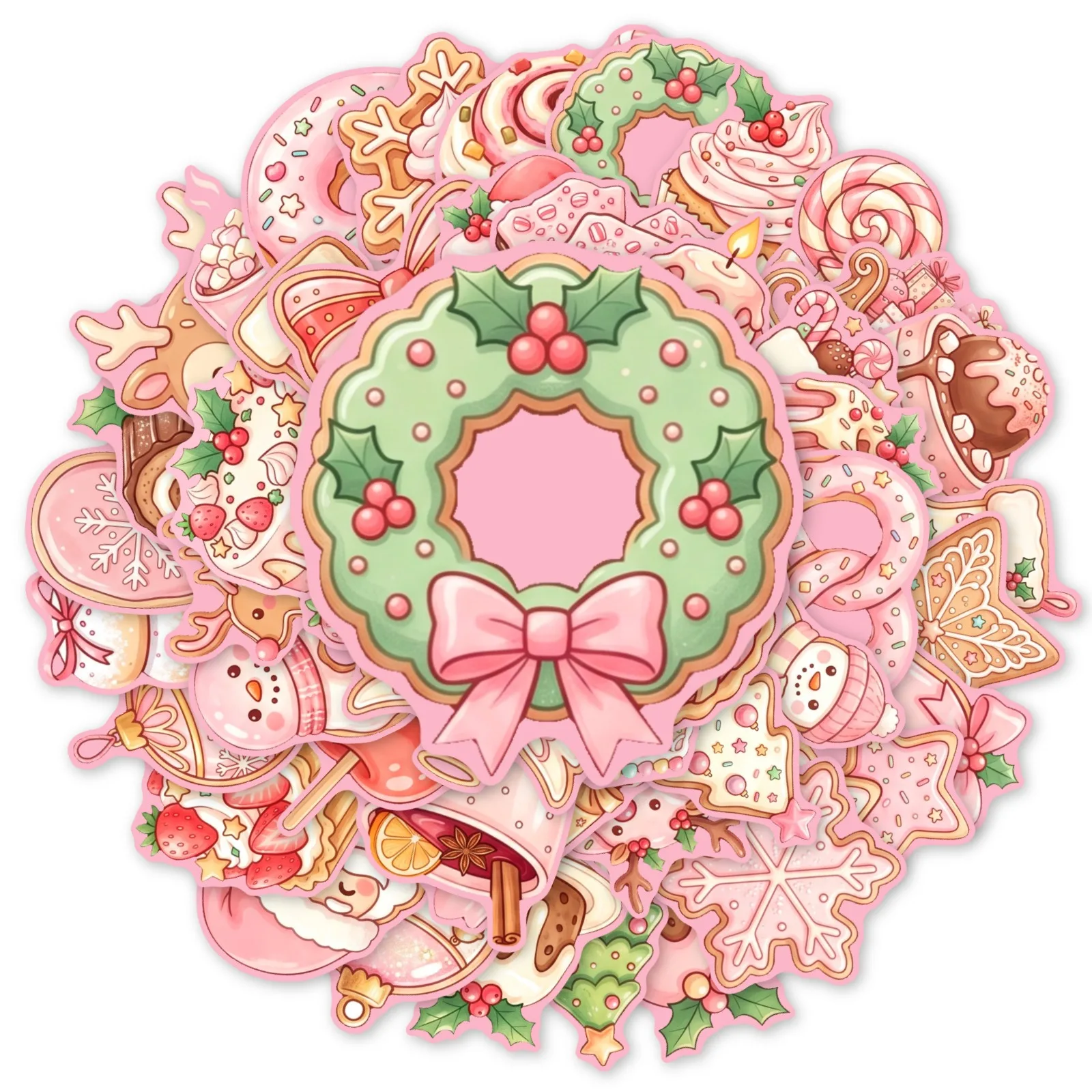 50 Pcs Pink Christmas Theme Stickers Cute Dessert Gingerbread Waterproof Vinyl Decals for Journal Phone Case Laptop Gift