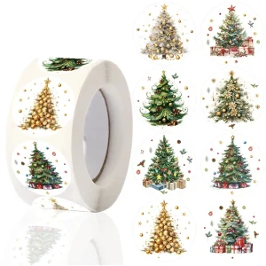 500pcs Merry Christmas Stickers Round Christmas Tree Tags Stickers for Gifts Baking Package Envelope Stationery Decoration