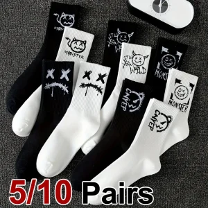 5/10 Pairs Men Women Graffiti Printed socks Street Style Soft Comfortable Sweat Absorbing Breathable Couple Sports Leisure Socks