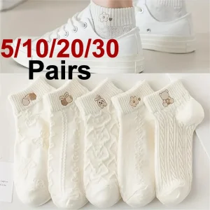 5/10/20/30 pairs Women Cartoon Printed Knitted Short Socks Spring Summer Sweat Absorbing Breathable Soft Comfortable Casual Sock