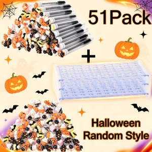51Pcs Halloween Eyelash Spoolie Brush Set 50 Random Mascara Wands with 50-Hole Organizer Box Eyebrow Extension DIY Makeup Tools