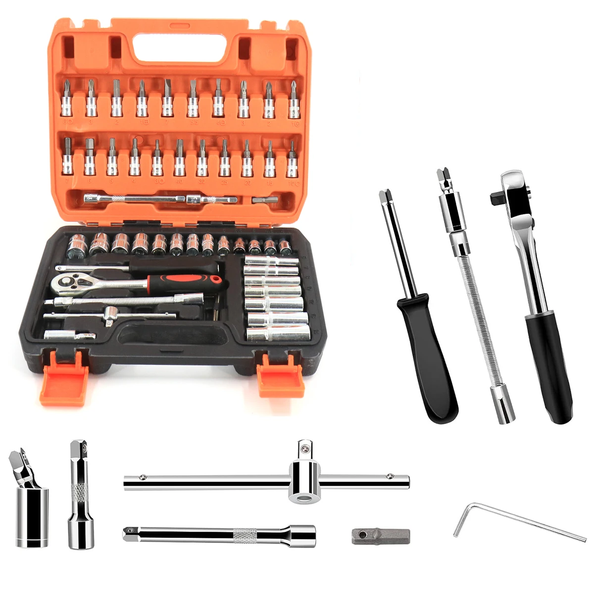 53Pcs Flexible Socket Tool Kit, 1/4" Drive Ratchet Wrench Set, Hand Repair Tools for Car Maintenance & Household DIY