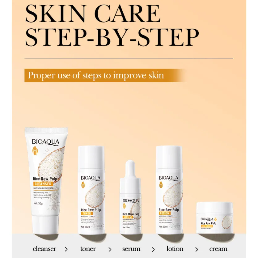 5pcs BIOAOUA Rice Raw Whitening Set Brighten Hydrating Moisturize Soothing Facial Cleanser+toner+essence+lotion+cream Skincare - Image 5