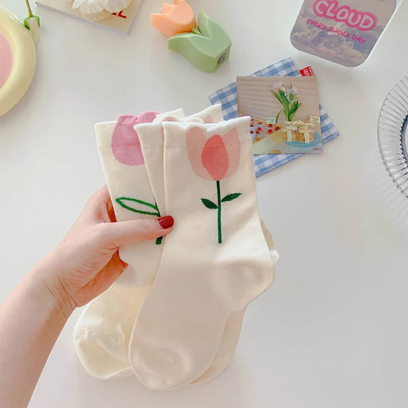6 Pairs Floral Socks Women Vintage Breathable Japanese Korean Style Mid Tube Flower Winter Socks Novelty Casual Kawaii Cute Sock - Image 2