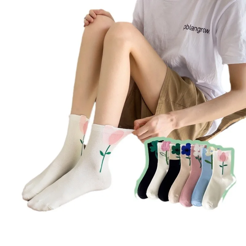 6 Pairs Floral Socks Women Vintage Breathable Japanese Korean Style Mid Tube Flower Winter Socks Novelty Casual Kawaii Cute Sock - Image 6