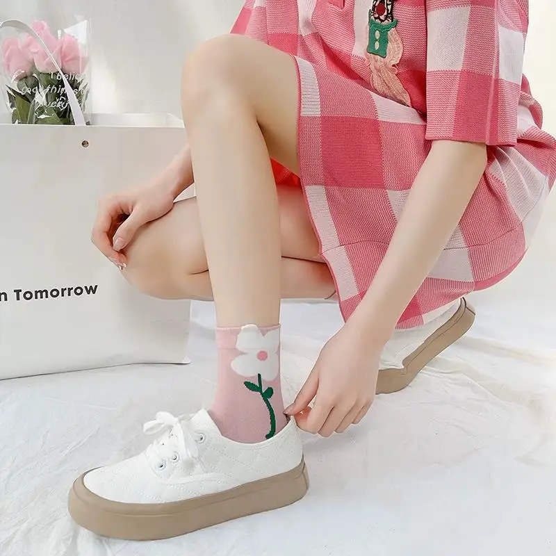 6 Pairs Floral Socks Women Vintage Breathable Japanese Korean Style Mid Tube Flower Winter Socks Novelty Casual Kawaii Cute Sock - Image 4