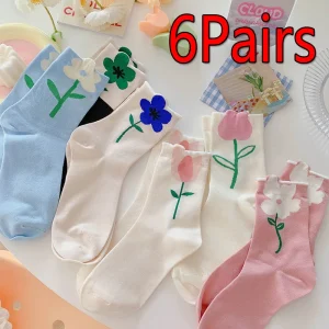 6 Pairs Floral Socks Women Vintage Breathable Japanese Korean Style Mid Tube Flower Winter Socks Novelty Casual Kawaii Cute Sock