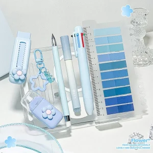 7pcs Flower Themed Cute Stationery Set Index Tabs Push Pull Eraser Writing Set 5 in 1 Multi Color Pen Correction Tape