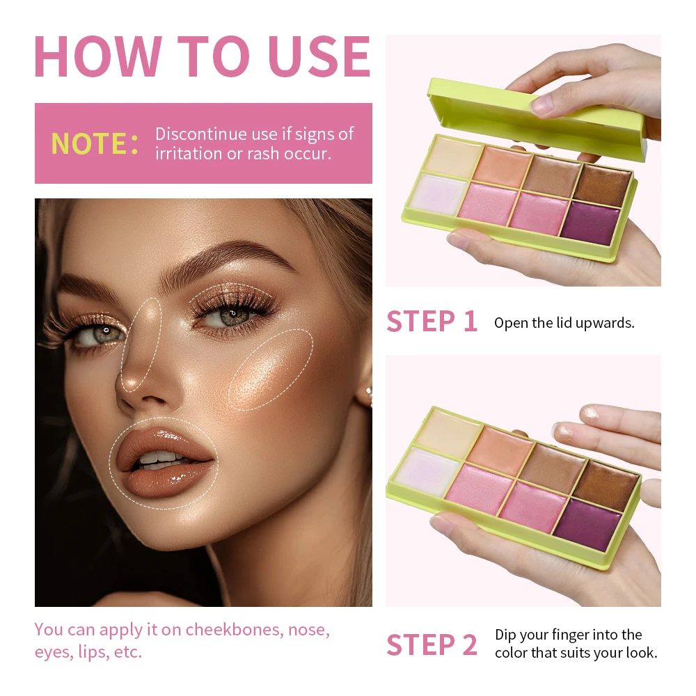 8 Colors Cream Highlighter Palette for Highlight, Blush&Contouring, Various Colors To Meet Various Makeup Needs Highlight Disc - Image 4
