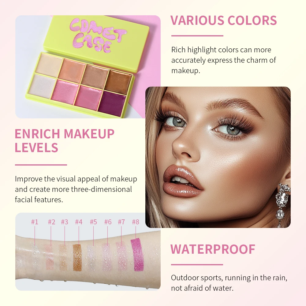 8 Colors Cream Highlighter Palette for Highlight, Blush&Contouring, Various Colors To Meet Various Makeup Needs Highlight Disc - Image 3