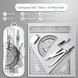 8PCS/Set Plastic Ruler Compasses Set Eraser Straight Ruler Measuring Ruler Set Square Transparent Protractor School Office
