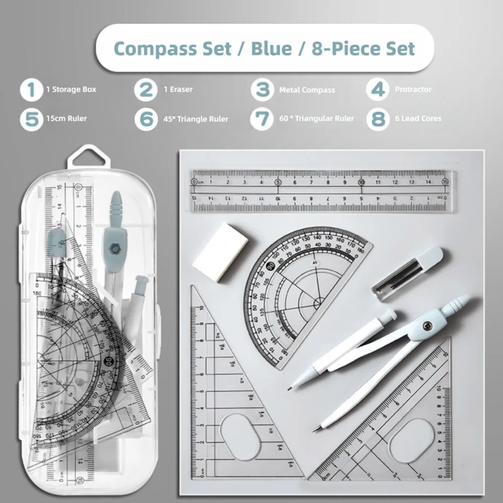 8PCS/Set Plastic Ruler Compasses Set Eraser Straight Ruler Measuring Ruler Set Square Transparent Protractor School Office