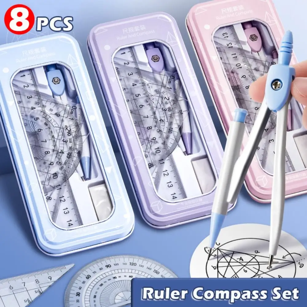8PCS/Set Plastic Ruler Compasses Set Transparent Eraser Measuring Ruler Set Square Straight Ruler Protractor Students - Image 5