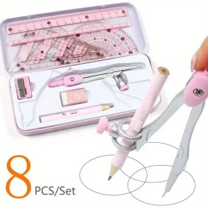 8Pcs/Set Geometry Math Drawing Stationery Set, Ruler Compass Pencil Kit for Students, School Supplies Gift for Boys & Girls